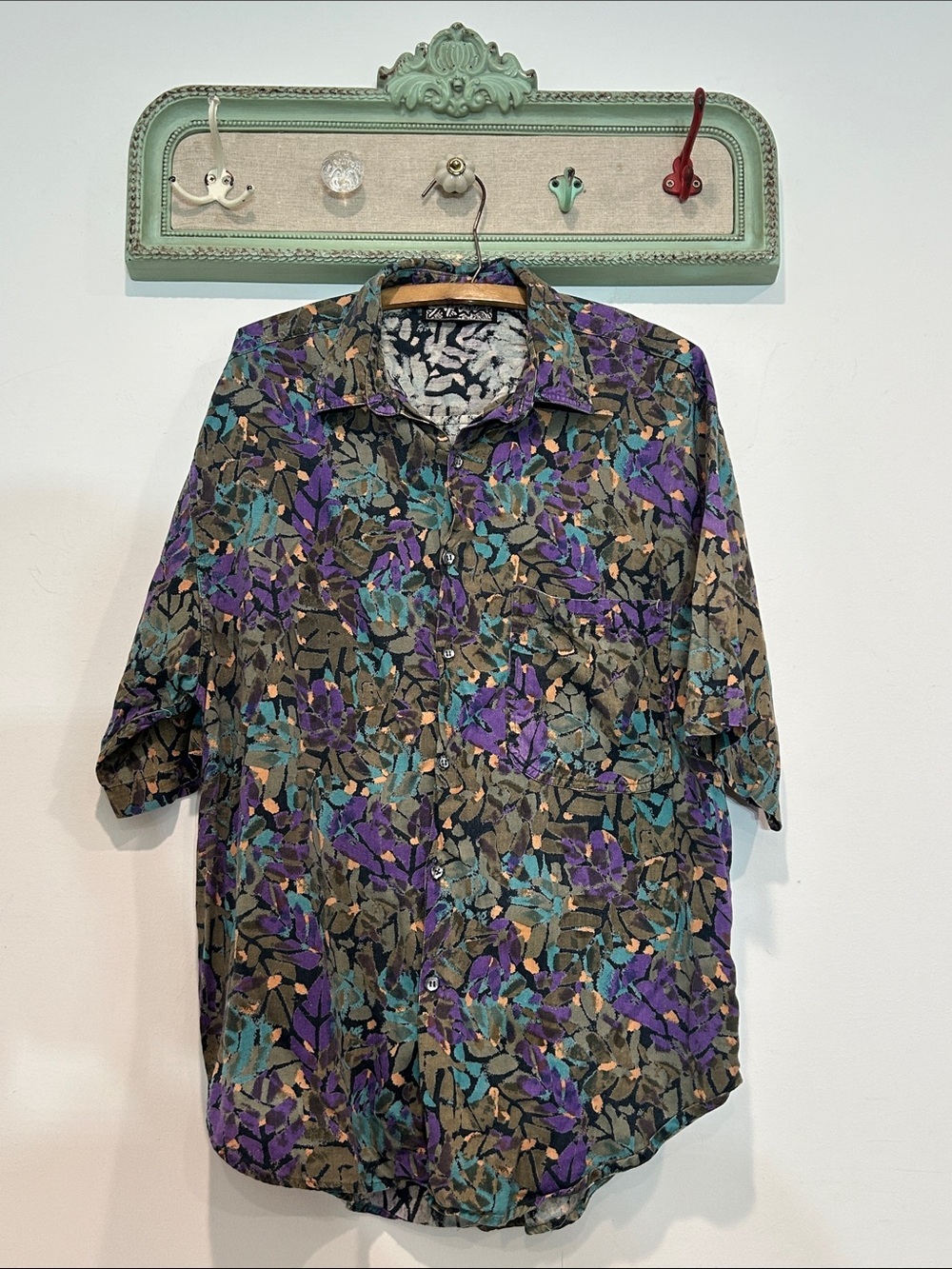 Vintage 90s Santana Men's Button-Down short sleeve Shirt Purple, Teal & Brown L